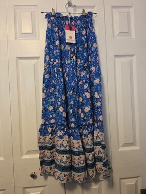 Marley Lilly Blue Floral Maxi Skirt with Pink Accents